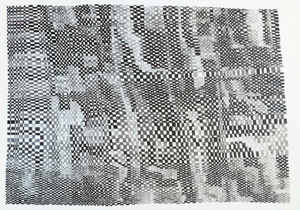 Œuvre abstraite 'Vague Céleste' (2020) par William Mathieu – Composition de carrés noirs, gris et blancs évoquant une vague ou un paysage céleste pixelisé. Technique d'encre sur toile, 100 x 140 cm, style pointilliste contemporain et immersif, jeu de contrastes entre mouvement et structure.