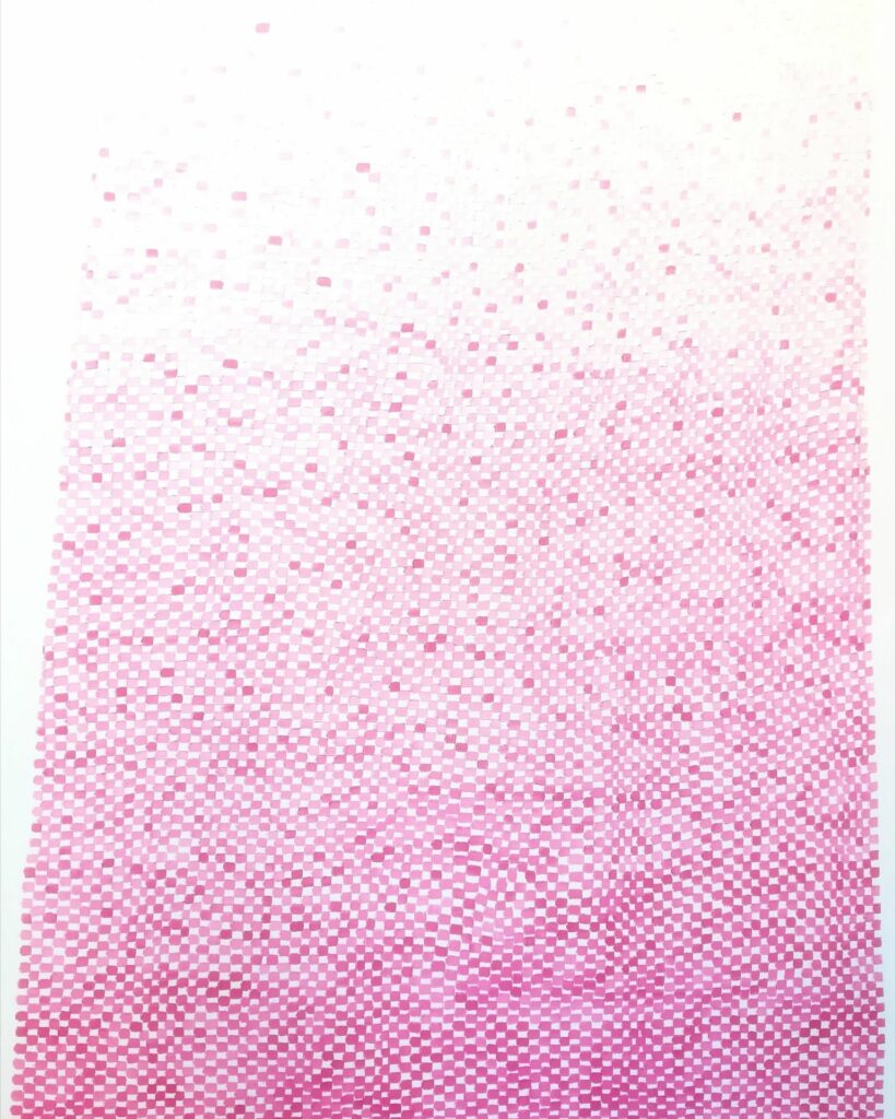 Œuvre abstraite 'L'Aube en Rosée' par William Mathieu – Dégradé de carrés roses inspirés des nappes Vichy de mon enfance, souvenirs disparus dans l’incendie de la maison maternelle. Huile sur toile, 2020."