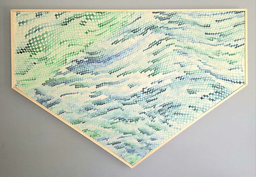 "L'éveil en Cinq" Temps Peinture abstraite gestuelle et géométrique de William Mathieu, aquarelle et gesso sur toile, 95x140 cm, exploration de la vacuité et de l'équilibre entre forme et espace.