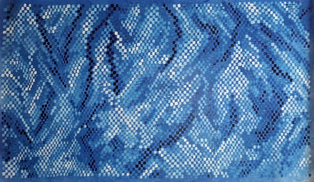 Œuvre abstraite 'L’Étreinte des Couleurs' (2025) par William Mathieu – Composition pixelisée de carrés bleus, noirs et blancs sur toile, évoquant une étreinte visuelle entre les couleurs. Technique mixte d’huile et acrylique, 50 x 80 cm, style géométrique et contemplatif.