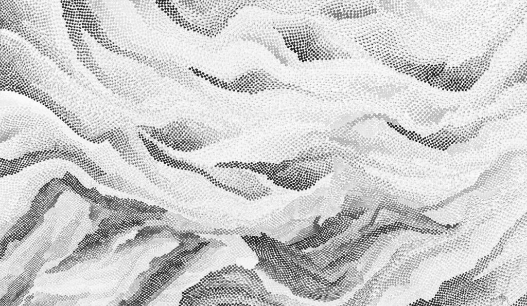 Œuvre abstraite 'Rêve Bleu Infini' (2020) par William Mathieu – Grande toile horizontale en encre bleue sur fond clair, évoquant un paysage onirique avec des dégradés de bleu, des points et des coulures organiques. Technique d'encre sur toile, dimensions 100 x 170 cm